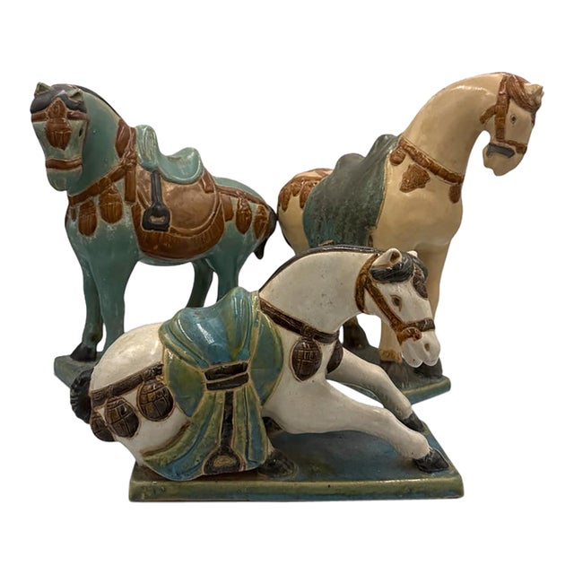 Set of Three Chinese Tang-Style Glazed Ceramic Horse Figures For Sale