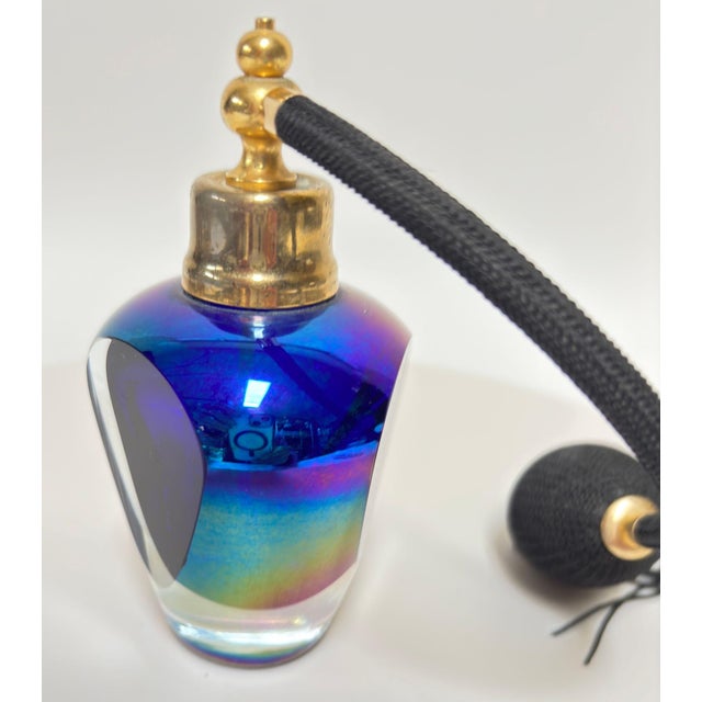 Iridescent Cobalt and Amethyst Art Glass Perfume Atomizer Faceted Crystal 1980 For Sale - Image 16 of 18