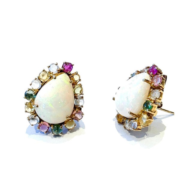 Bochic “Capri” Vintage Opal & Multi Tourmaline Earrings Set In 18K Gold & Silver For Sale - Image 4 of 8