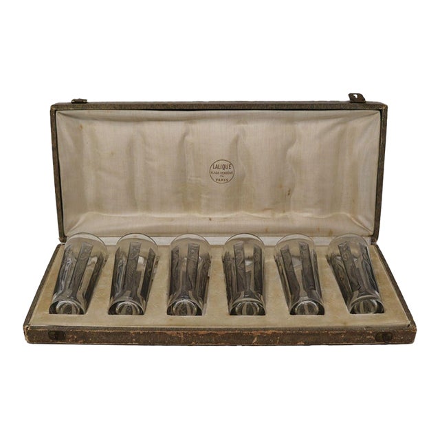 1910s Art Nouveau Rene Lalique Glass Shot Glasses Set of 6 Boxed For Sale