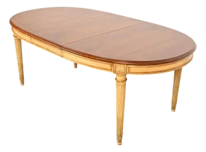 Karges French Regency Louis XVI Burled Walnut Parcel Painted and Gilt Extension Dining Table, Newly Refinished