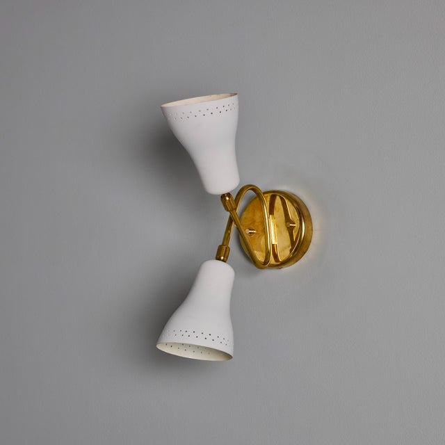 Mid-Century Modern 1950s Stilux Milano White Perforated Double Shade Wall Lamp For Sale - Image 3 of 15