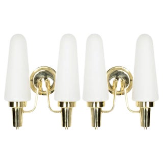 Brass & Opaline Glass Wall Lamps, 1950s, Set of 2 For Sale