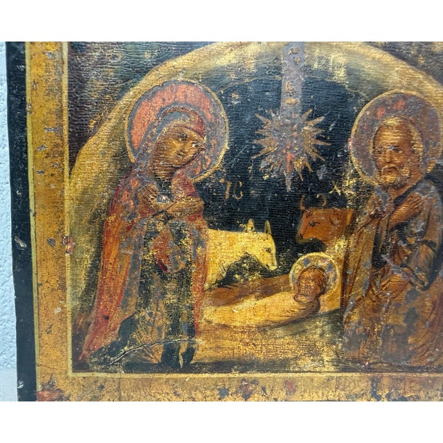 Antique Early 19th Century Russian Icon Nativity of Jesus Christ Oil Painting For Sale - Image 10 of 11