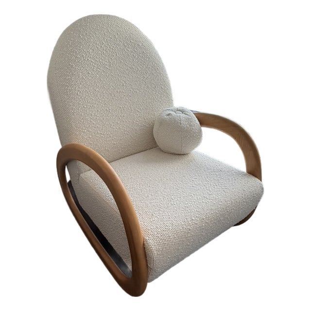 Crate & Barrel Modern Rocker — Sculptural Wood Frame, Textured Upholstery, Contemporary Comfort For Sale