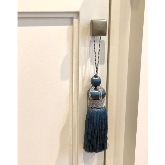Pair of Smoky Blue Key Tassels With Satin & Cut Velvet Details For Sale - Image 9 of 13