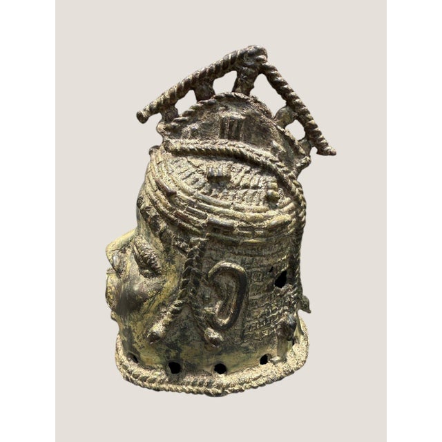 African Vintage African Benin Edo Style Cast Brass Bronze Ceremonial Head Sculpture 7.5" For Sale - Image 3 of 15