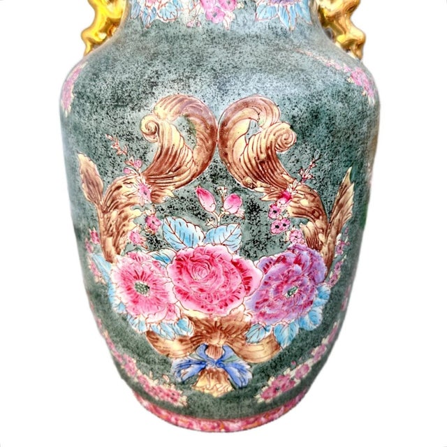 Chinoiserie Large Vintage Chinoiserie Green & Pink Rose Famille Peonies Porcelain Vase W/Double Ears For Sale - Image 3 of 6