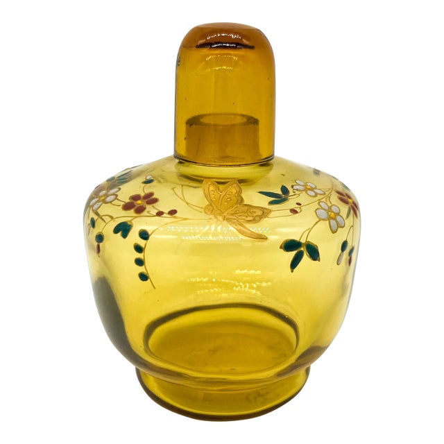 Antique French Floral Enameled Amber Glass Lamp Jar For Sale