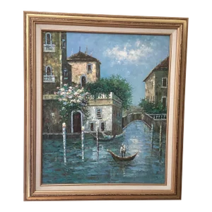 Mid 20th Century Oil on Canvas Painting Venetian Street Scene Framed