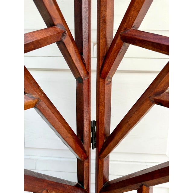 Late 20th Century Organic Modern Geometric Wood Three-Panel Folding Screen Room Divider For Sale - Image 5 of 10