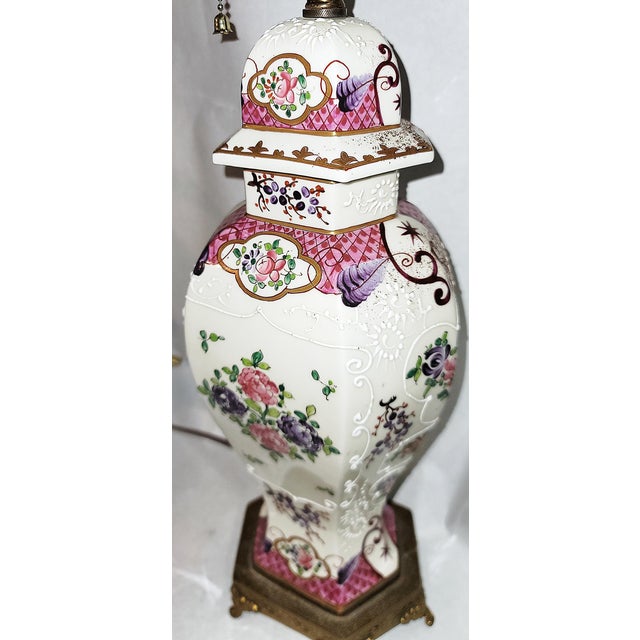 White 1920s Famille Rose Samson Crested Table Lamp For Sale - Image 8 of 10