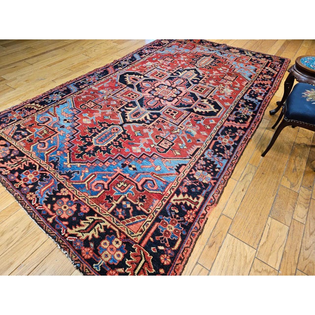 Red Antique Heriz Serapi Gallery Rug, Hand-Knotted Wool, Geometric Medallion Pattern, Red & Blue, 7x12 For Sale - Image 8 of 11