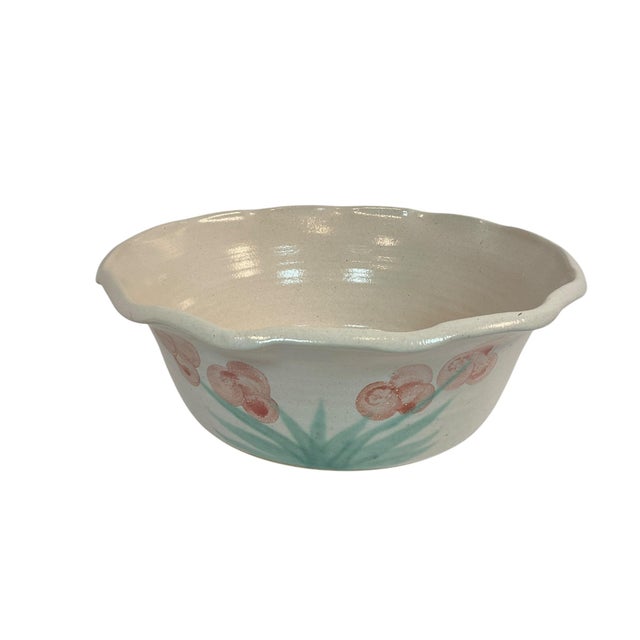 1990s Vintage Handmade Art Pottery 1990s White W Flowers 10” X 3.5” For Sale - Image 5 of 7