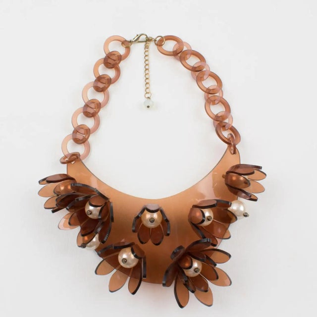 Plastic Italian Design Copper Acrylic Bib Necklace Flowers and Pearls For Sale - Image 7 of 13