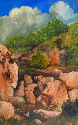 1970s Rocky Hillside Landscape Painting