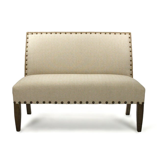 French Margot Bronze Stud Bench in Natural Linen with Weathered Gray Frame For Sale - Image 3 of 3