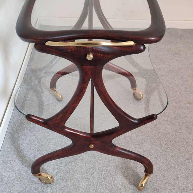 Mid-Century Modern 1950s Italian Wood, Glass and Brass Bar Cart With Magazine Rack, Attributed to Cesare Lacca For Sale - Image 3 of 11