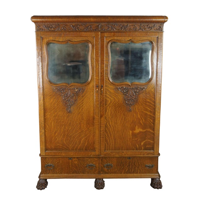 1900s Antique Victorian Oak Armoire Linen Mirrored Closet Paw