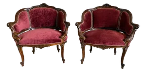 Mid 20th Century Pair of Vintage Rococo Style Carved Beige Armchairs