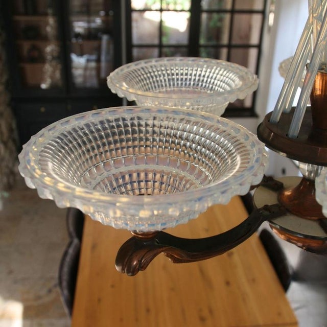 French Art Deco Chandelier in Opalescent Glass and Copper by Ezan-Petitot, 1930s For Sale - Image 4 of 18