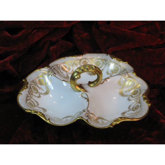 1900s Handled Serving Dish by JPL Pouyat Limoges, Hand-Painted Gold Porcelain For Sale - Image 12 of 12