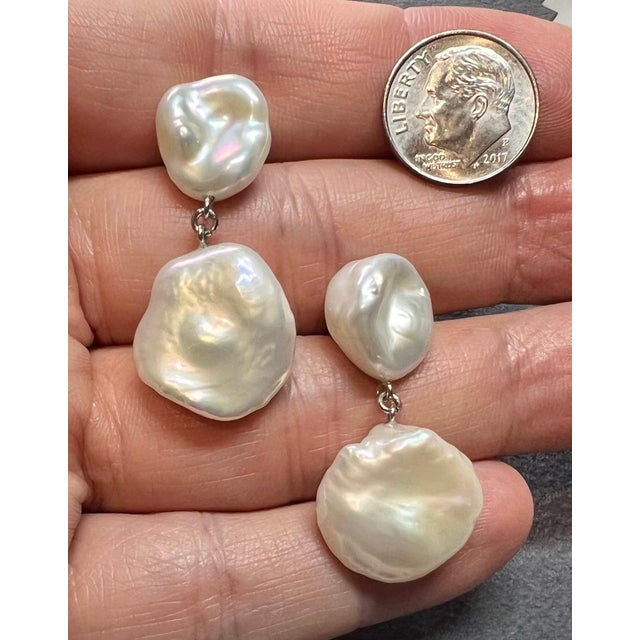 Fresh Water Pearl Dangle Earrings 14k White Gold Certified For Sale - Image 4 of 6