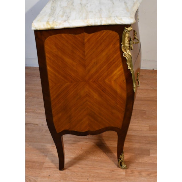 1910 Antique French Louis XV Satinwood Inlaid & Marble Top Commode / Dresser For Sale - Image 10 of 13