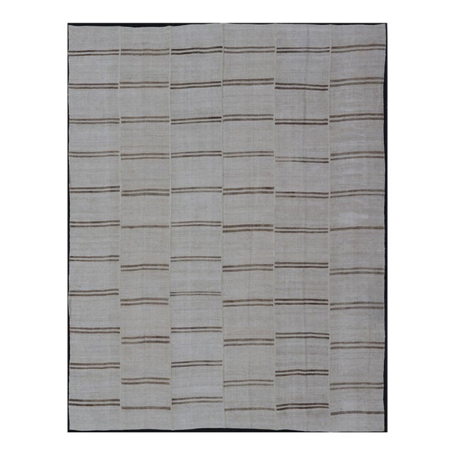 Large Vintage Paneled Kilim Flat-Weave Stripe in Neutral Tones of Cream & Brown 12'2 X 14'8 For Sale