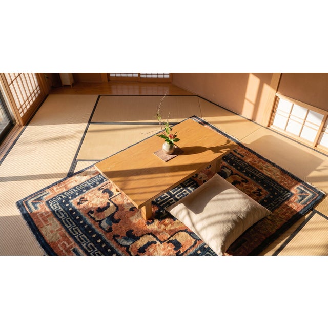 Wonderful Brick Red Background With Special Blue and Beige Color Geometric Desing Antique Chinese Ningxia Rug For Sale - Image 11 of 13