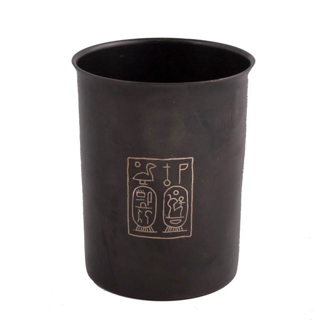Traditional Ancient Egyptian Style Bronze Cup With Silver Inlay For Sale - Image 3 of 3