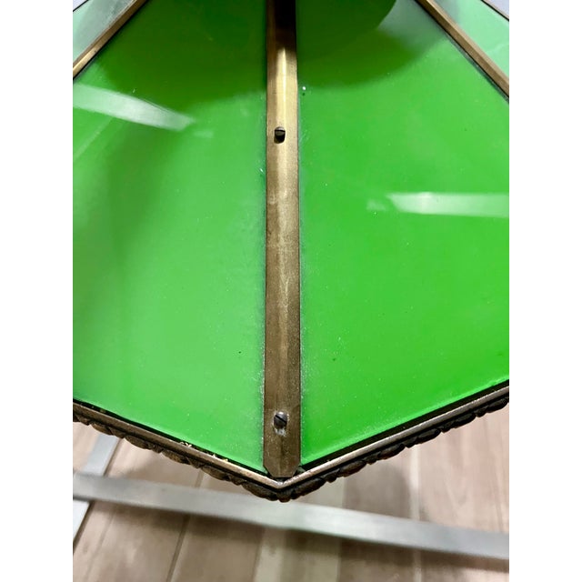 Vintage Brass & Green Glass Octagonal Three-Light Pendant Chandelier For Sale - Image 9 of 12