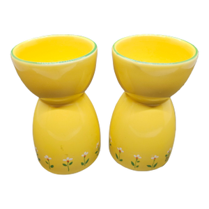 VTG 1985 Ceramic Egg Cups Flower Power Retro Butter Yellow Daisies Set of 2