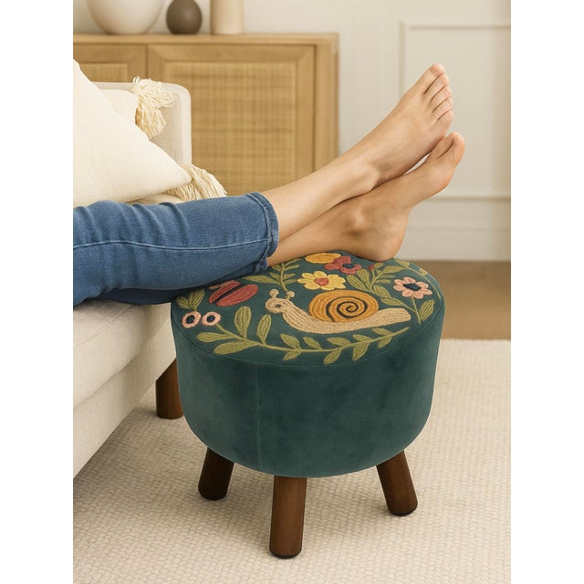 Figurative Christmas Whimsical Garden Embroidered Footstool For Sale - Image 3 of 3