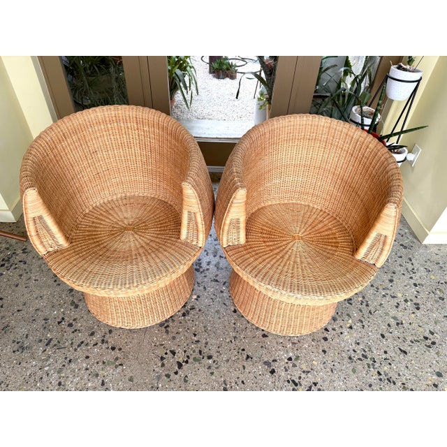 1970s Eero Aarnio Style Swivel Rattan Barrel Pod Chair Pair For Sale - Image 4 of 9