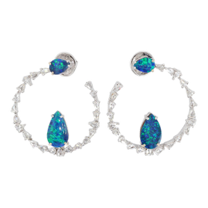 18k (750) White Gold Natural Diamond and Natural Opal Earring- Set of 2