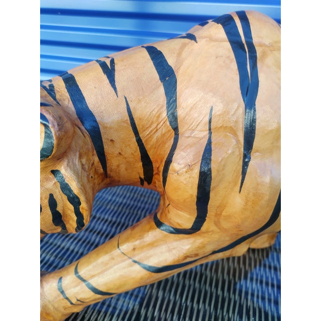 Tangerine Vintage Large Leather Wrapped Whimsical Tiger Decorative Statue Room Decor For Sale - Image 8 of 10