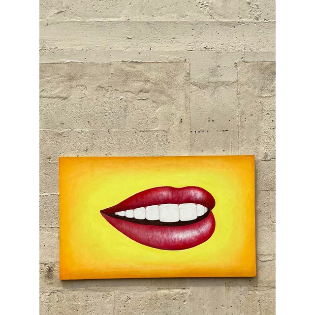Late 20th Century Vintage Boho Original Lips Oil Painting on Canvas For Sale - Image 10 of 10