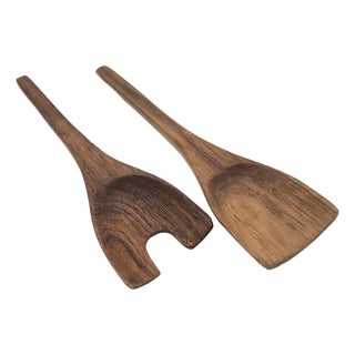 1970s Teak Wood Salad Serving Utensils, a Pair For Sale