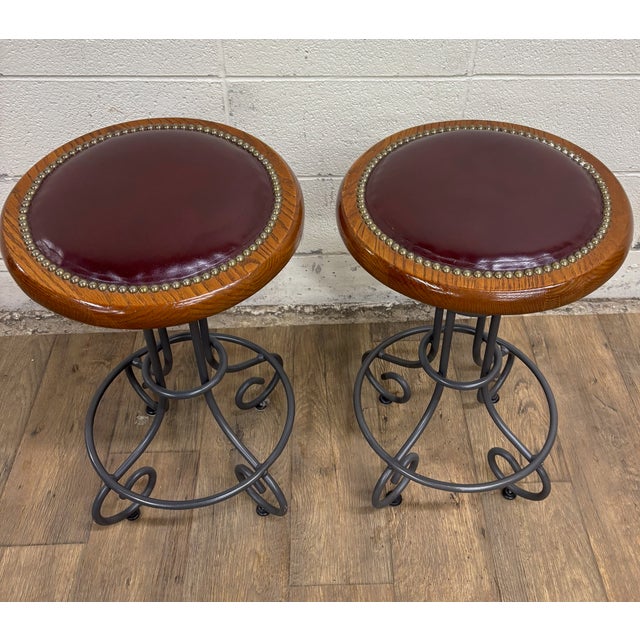 Vintage Virginia House Oxblood Burgundy Vinyl Nailhead Swivel Backless Barstools For Sale - Image 10 of 15