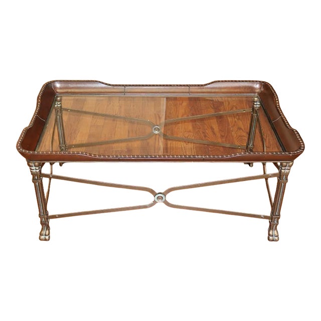 Maitland Smith Regency Style Leather Wrapped Glass Top Cocktail Coffee Table For Sale