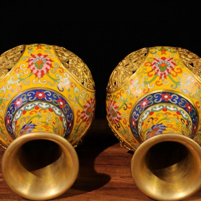 Monumental Chinese Imperial Style Cloisonné Vase With Gilt Openwork Dragon Panels - 13.5 LBS For Sale In Los Angeles - Image 6 of 9