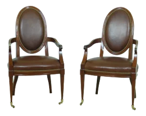 Pair Councill Craftsmen Leather Mahogany Open Armchairs