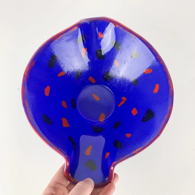 Mid-Century Modern Vintage Mid-Century Modern Handmade Art Glass Bright Blue Red Black Batter Bowl For Sale - Image 3 of 10