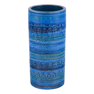 Rimini Blue Glazed Ceramic Vase with Geometric Pattern by Aldo Londi for Bitossi, 1960s For Sale