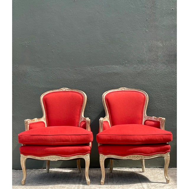 Wood Vintage Carved Wood Upholstered Bergere Chairs - A Pair For Sale - Image 7 of 12