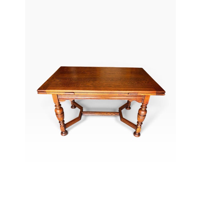 Jacobean Professionally Restored 1930s Jacobean Revival (William and Mary Style) Solid Oak Draw-Leaf Dining Table For Sale - Image 3 of 12