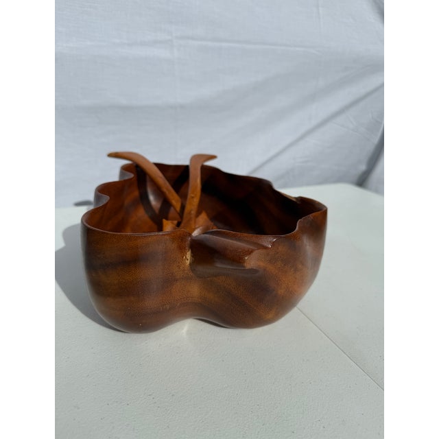 Mid 20th Century Vintage Teak Oak Leaf Salad Bowl With Tongs For Sale - Image 5 of 11