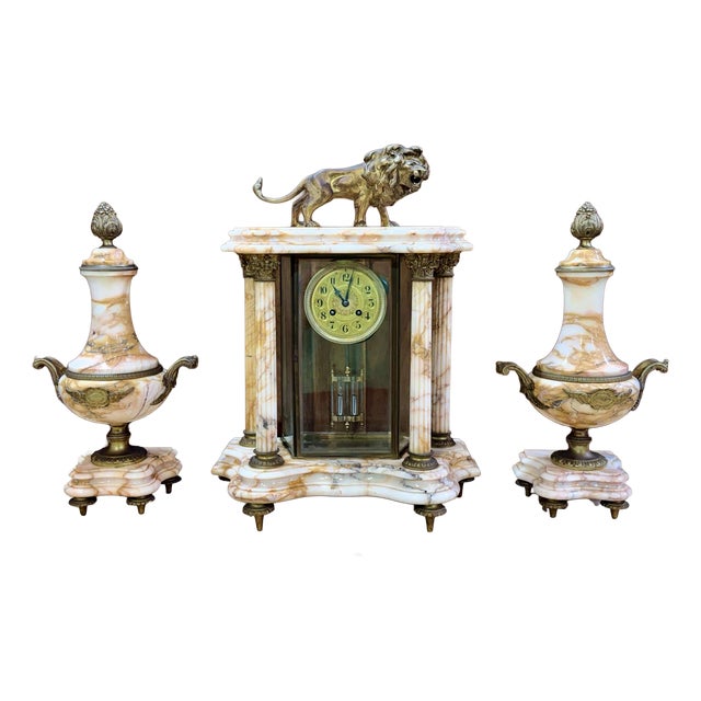 19th Century Louis XVI Portico Clock in Marble and Bronze with Its Covered Vases, 1890s, Set of 3 For Sale