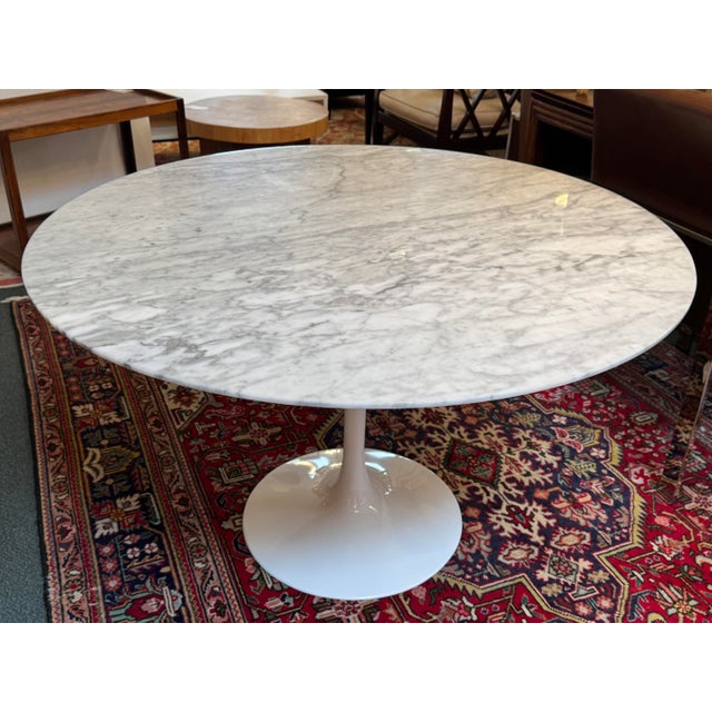White Interior Icons Tulip Table With Carrera Tabletop For Sale - Image 8 of 12